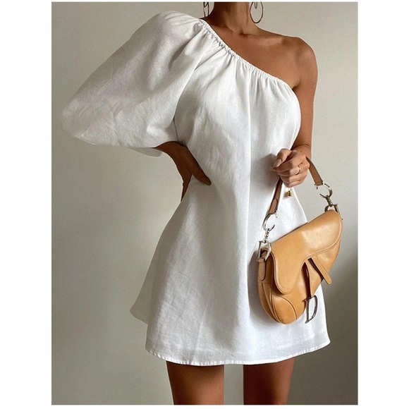 Commense One Shoulder Mini Dress Coastal Preppy Cocktail White Cotton Linen Sz M - Picture 1 of 8